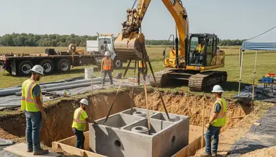Septic tank installation crew working on Vancouver, WA home site prep for plumbing service